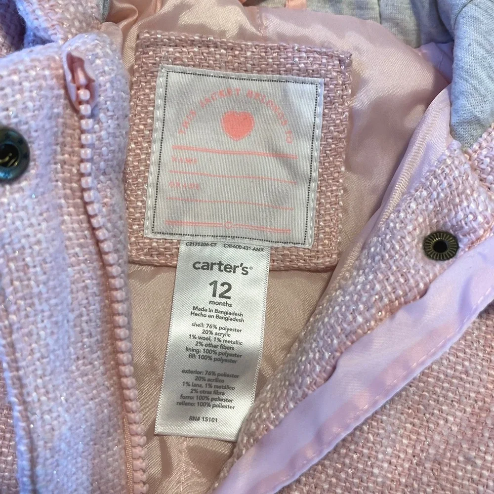 Baby Girls Carter's Pink Tweed Hooded Coat Jacket 12 Months Bear‎ Ears